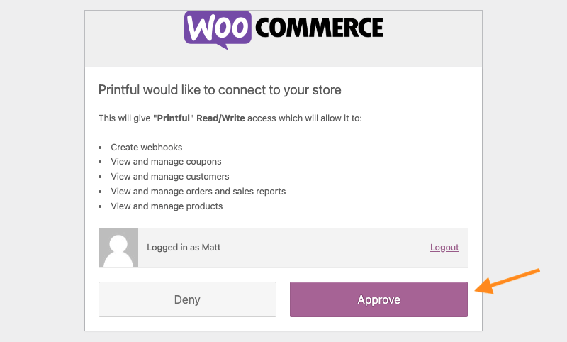Approving the Printful connection with WooCommerce