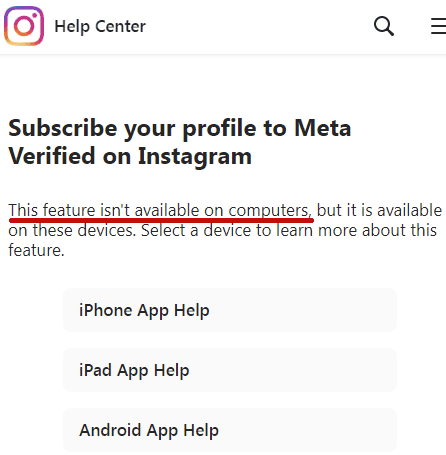 Screenshot of Instagram help page showing that paying for verification online is not yet available