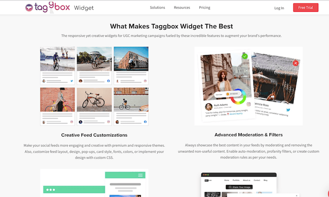 Taggbox Widget landing page with features and images. 
