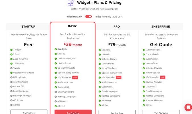 Widget plans with four options shown and prices. 