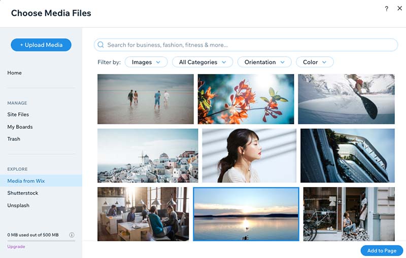 Browsing free stock images in Wix