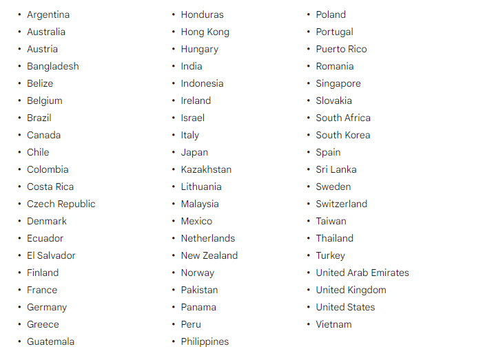 A list of eligible countries for Google Ads lead form assets.