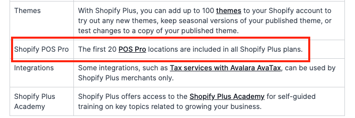 Shopify Plus users can avail of 20 'POS Pro' locations before they have to pay any POS location fees.