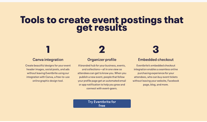 Three tools to create event postings, including canva integration, organizer profile, and embedded checkout. 