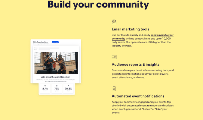 Build your community landing page with three features listed and described. 