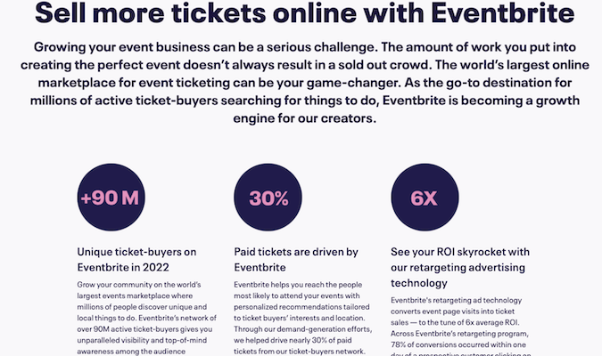 Three statistics for the use of Eventbrite for events. 