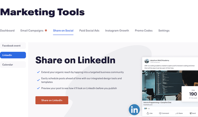 Marketing tools with option to share on LinkedIn. 