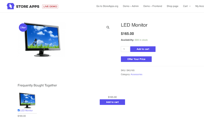 LED Monitor product page with a frequently bought together suggestion. 