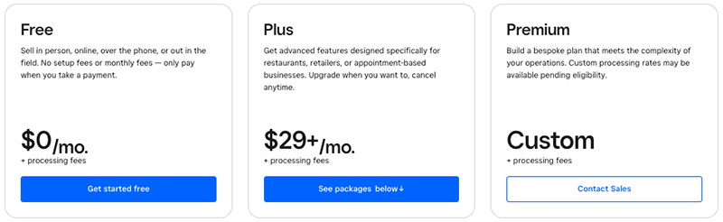 'Square Online' pricing plans.