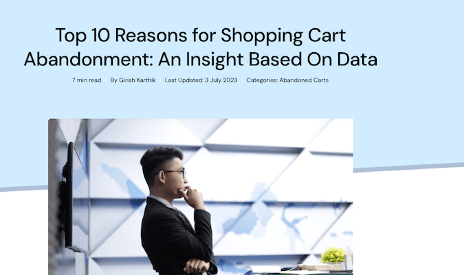Screenshot of beginning of article with title "Top 10 Reasons for Shopping Cart Abandonment: An Insight Based On Data." 