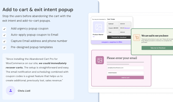 Add to cart & exit intent popup information. 