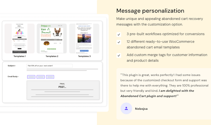 Message personalization information with a customer testimonial. 