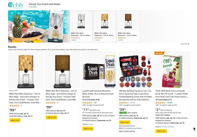 Screenshot showing the Bebly Amazon storefront with a variety of listings