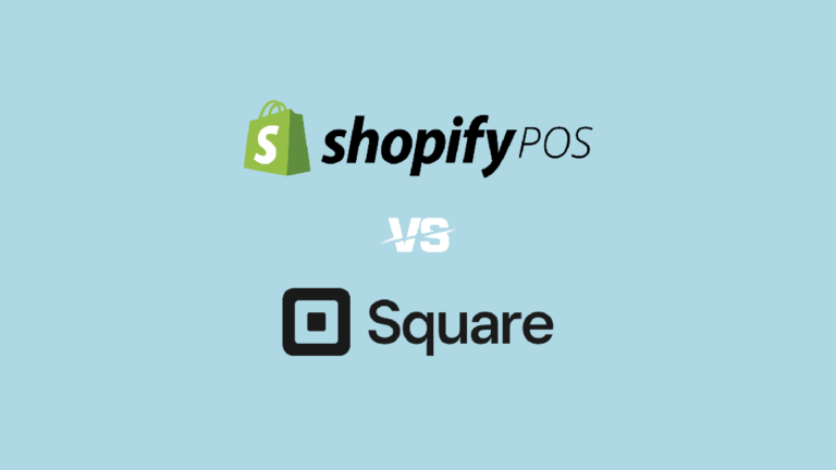 'Shopify POS vs Square' — the Shopify POS and Square logos on a light blue background.
