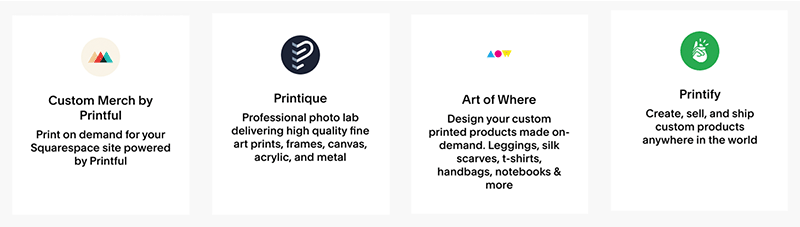 Some of the print-on-demand suppliers available in Squarespace