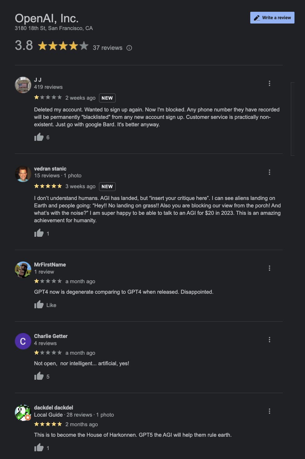 openai google reviews star rating 