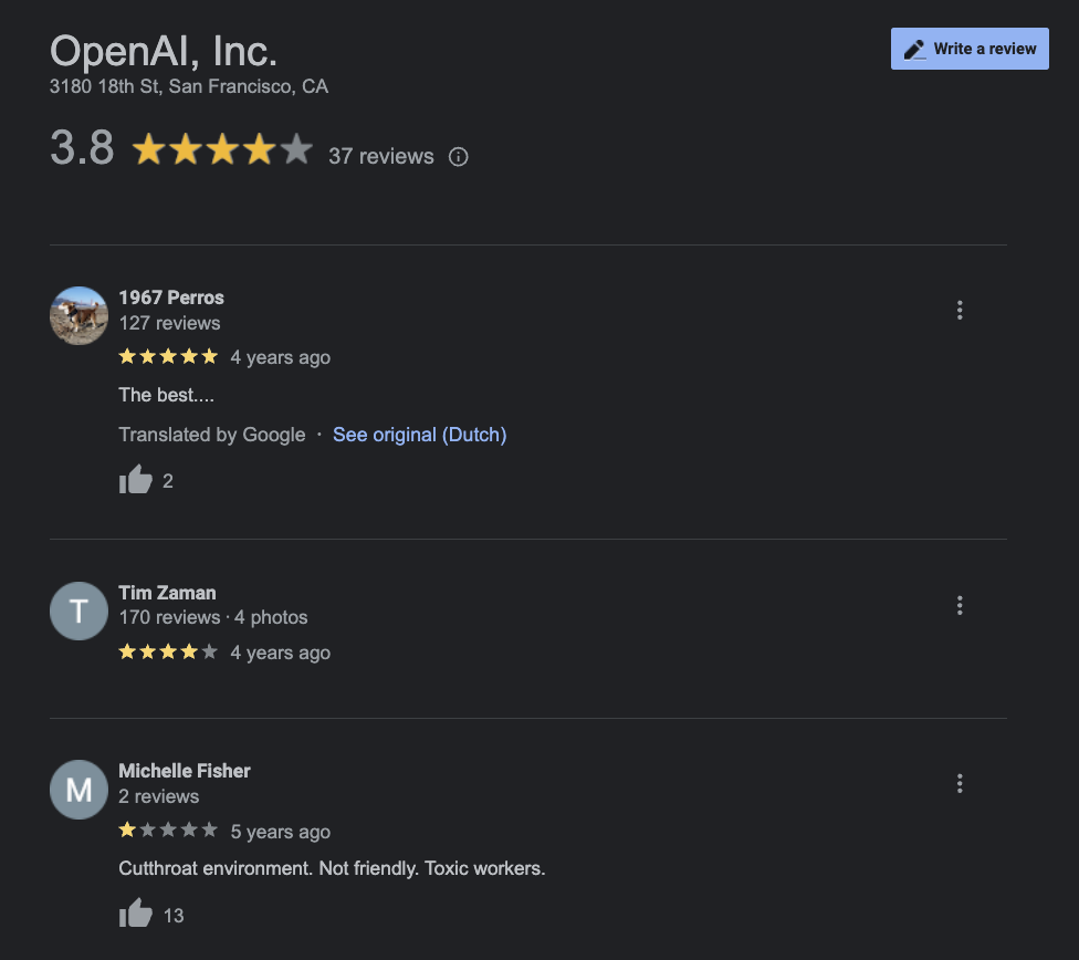 google review for openai toxic workers
