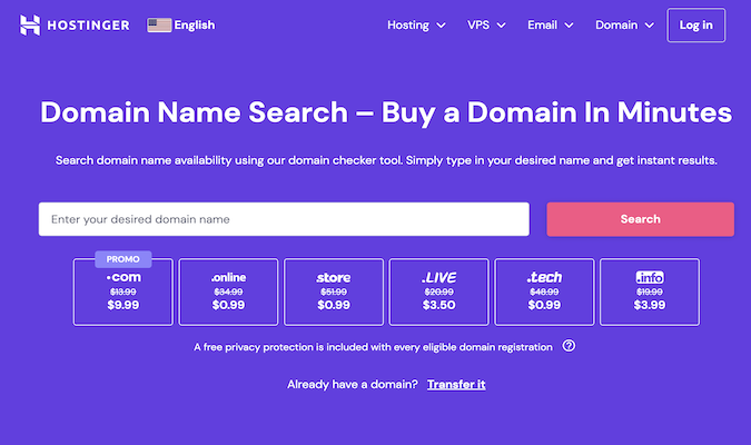 Hostinger domain registrar homepage