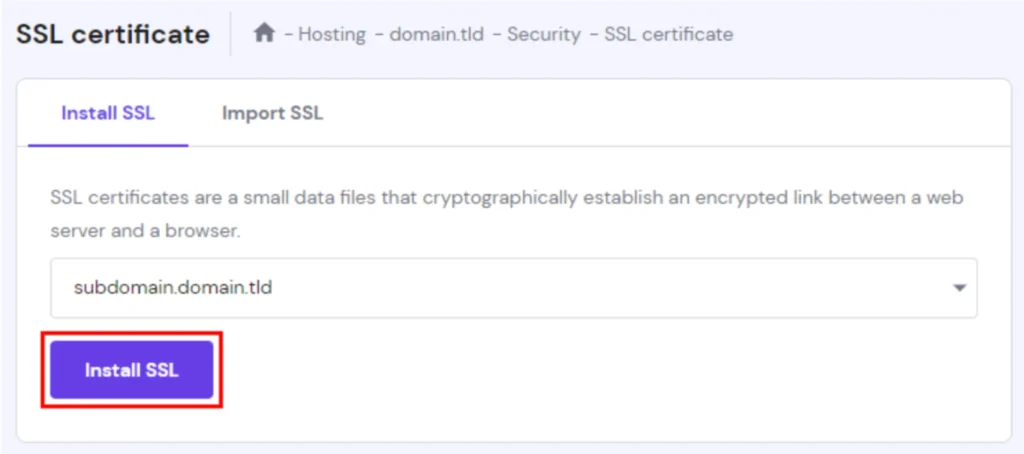 Hostinger control panel showing a Install SSL Certificate enabled from the security menu