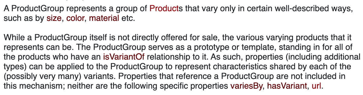 A screenshot of schema.org/ProductGroup’s description.