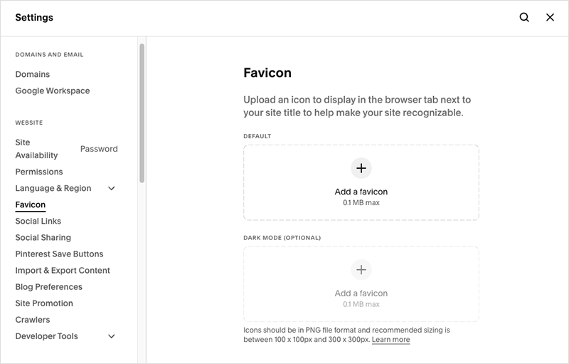 The favicon settings page in Squarespace