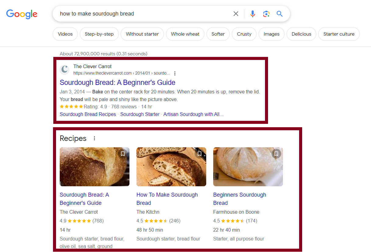 An example of two organic listings on the Google search results page.